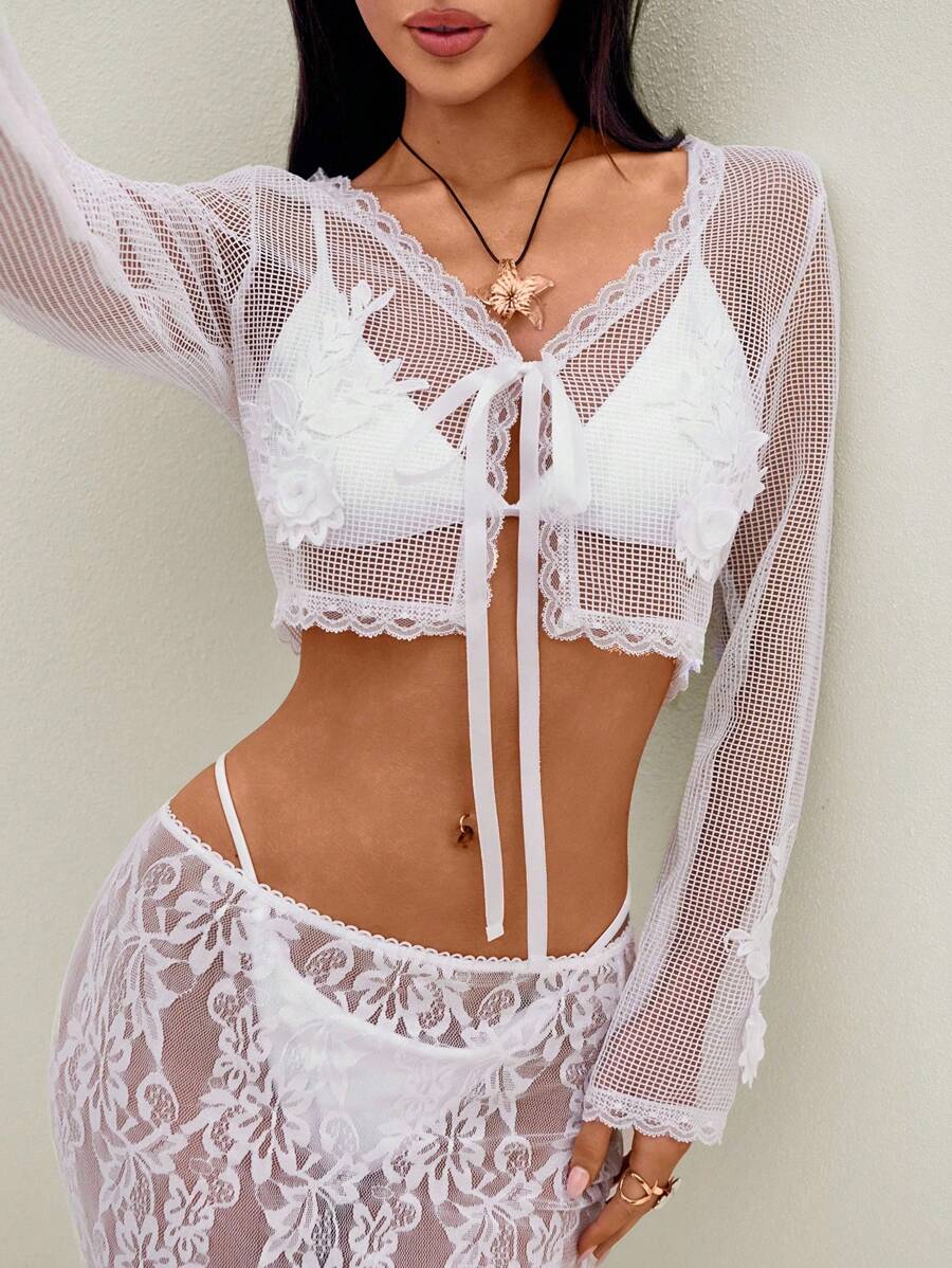 Bonvoyette 女式夏季性感海滩度假前结花卉贴花透明网眼罩衫和服