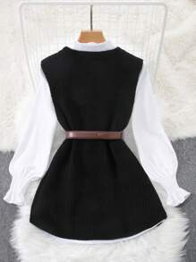 INAWLY 2pcs/Set Spring White Lantern Sleeve Blouse & Loose Fit Open Front Knit Vest, Women Layered Outfit