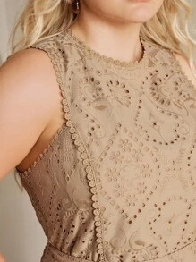 Anewsta 大码女式两件套优雅刺绣无袖上衣和裙子 - 卡其色 - 查看 3