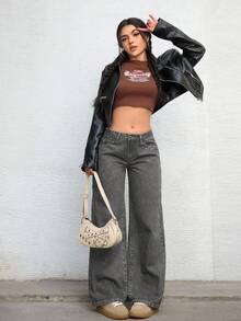 Jeanoix Quần Jeans Ống Thẳng Cài Nút Thời Trang Cỡ Lớn Y2K - Màu Xám nhạt - Xem 6