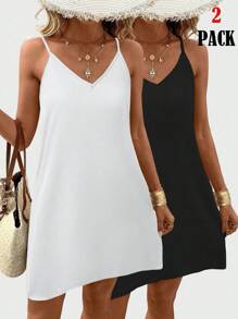 SHEIN LUNE 女士休闲纯色无袖吊带背心和迷你连衣裙两件套，适合夏季穿着 - 黑與白 - 查看 1