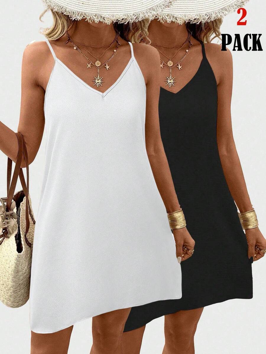 SHEIN LUNE 女士休闲纯色无袖吊带背心和迷你连衣裙两件套，适合夏季穿着 - 黑與白 - 查看 1