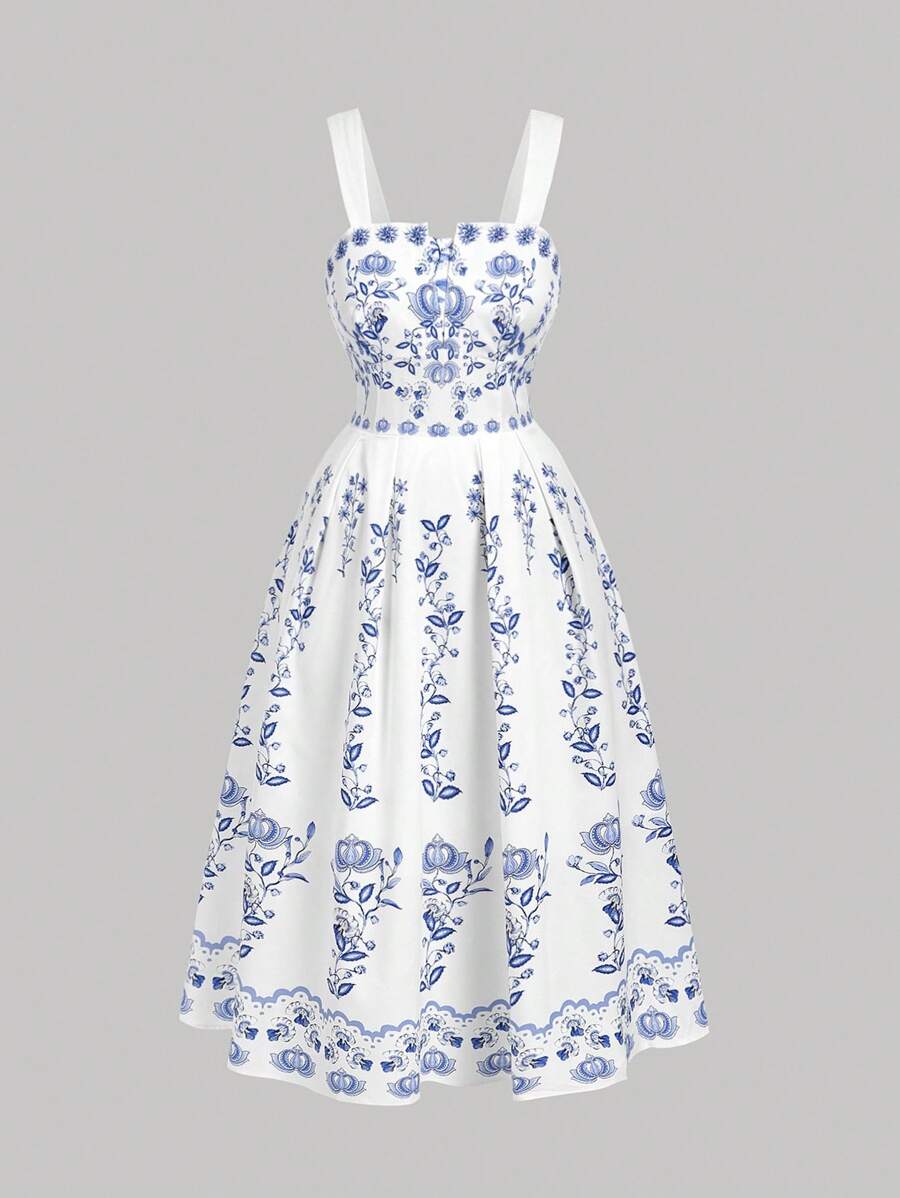 SHEIN MOD Vestido maxi de corte evasé con estampado vintage azul sobre fondo blanco, talla grande