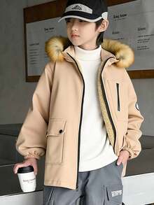 SHEIN Tween Boy 休闲复合保暖内衬连帽中长款重磅风衣夹克，适合学校、花园、海滩、生日派对、春夏秋冬 - 白色 - 查看 8