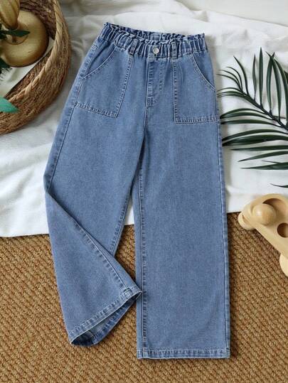SHEIN Vintaside Kids Jeans casuales tipo bohemio con cintura de papel, bolsillos planos y piernas anchas para niñas preadolescentes, equipos de vestimenta diaria