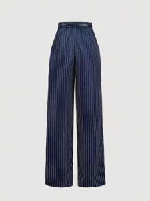 SHEIN MOD Women's Navy Blue Striped Waist Wide Leg Formal Trousers With Belt,Vintage,Business Casual Woman,Elegant,Goth,Teacher,Old Money Style Women,Back To School,Teacher Outfits For Women,Office Outfits For Women In Fall/Winter