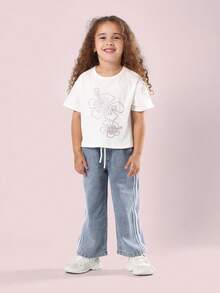 SUMWON Kids T-Shirt Ribbed Cotton Crystal Flower Print Short Sleeve Casual Summer Top Holiday Rhinestone Detail Girls Fashion Wear - White - View 4