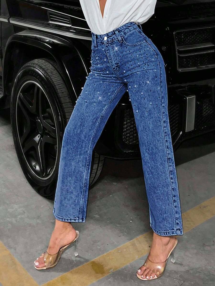 EURMUSE Women's Casual Washed Rhinestone Decoration Denim Jeans ,Petite Women - Medium Wash - View 1