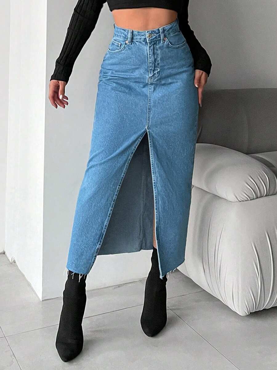 EURMUSE Split Thigh Denim Skirt - Blue - View 1