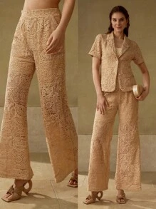 MOTF PREMIUM GUIPURE LACE WIDE LEG SUIT PANTS - Coffee Brown - View 7