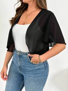 SHEIN Essnce 大码女装春夏时尚休闲宽松舒适透气清凉日常透视雪纺黑色短袖开衫、防晒外套、黑色上衣、巡航装女装、外出上衣 - 黑色 - 查看 3