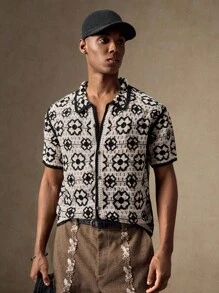 AKNOTIC Cárdigan de punto floral para hombre, color negro y blanco, ajuste delgado, manga corta, informal, apropiado para verano, vacaciones, uso diario, fiestas, conjunto de pareja, regalo para hombre, aniversario