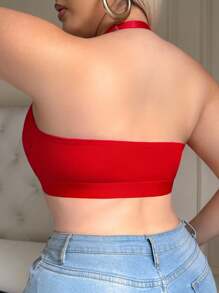 SHEIN Esselle Plus Size Solid Color No Underwire Halter Neck Splicing Mesh Bra - Red - View 2