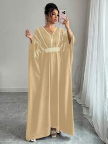 Rafferiza V-Neck Gold Lace Waist Dress - Khaki - View 5