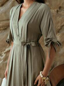SHEIN LUNE Women's Elegant Summer Olive Green Pleated Waist A-Line Maxi Dress,Holiday Tea Party Vacation Outfits,Old Money Style Modest Office Work Church Dress - Green - View 2