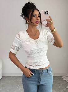 Elenzga Women's Elegant Solid Color Lace Splice T-Shirt, Summer - Apricot - View 4