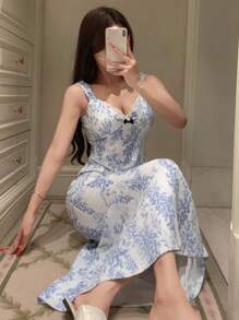 DAZY Plant Pattern Full Print Cinched Waist Long Slip Dress For Women - Blue - View 3
