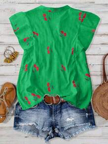 SHEIN Clasi Áo cánh tay lửng cổ chữ H họa tiết quả anh đào cho nữ mặc thường ngày ngày lễ - màu xanh lá - Xem 2