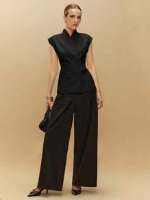 Poéselle Women's Elegant Commuting Solid Color Double-Breasted Thin Blazer In Fall/Winter - Black - View 2