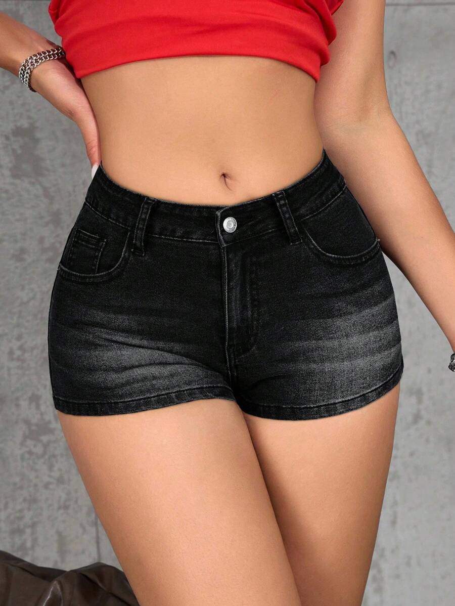 SHEIN PETITE Women's Pocket Fitted Casual Versatile Denim Shorts - Black - View 1
