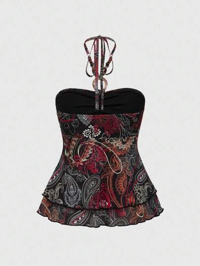 Hippie Top de halter estampado de paisley con cuentas de madera de estilo hippie vintage y estilo resort para mujer
