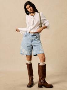 Easelle Jeans azules sueltos de pierna recta con roturas, con bordados de corazón y estrella, para mujer, para primavera/verano