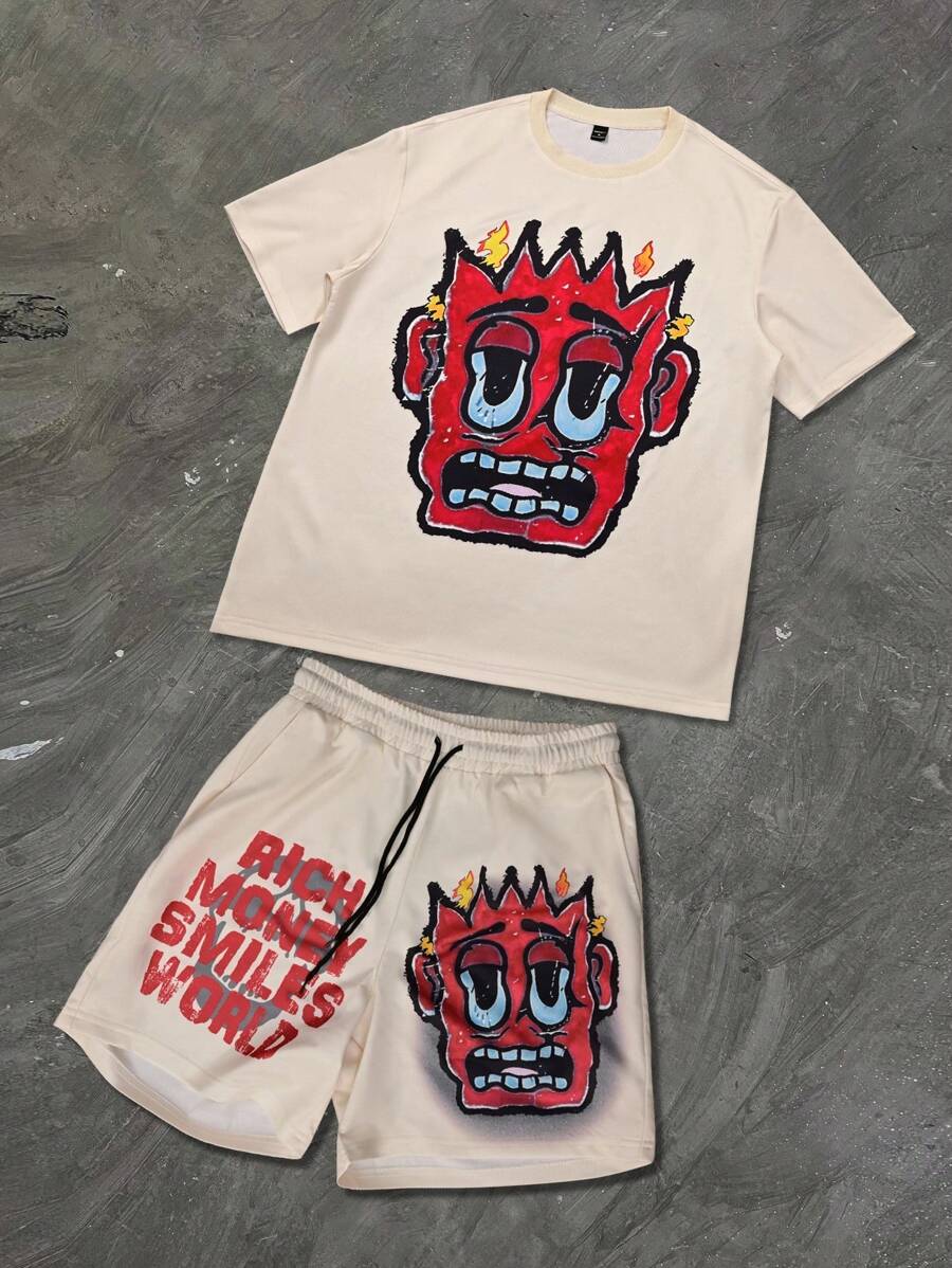 Manfinity EMRG Men Print Short Sleeve T-Shirt & Drawstring Shorts Set Men S 2 Pieces Set Men Two Pieces Outfits Short Set - Apricot - View 1