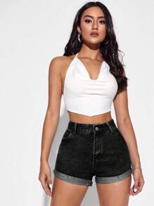 SHEIN ICON 夏季休闲高腰水洗牛仔短裤 - 黑色 - 查看 5