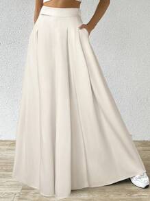 SHEIN EZwear 女士休闲褶皱阔腿杏色西装裤 - 杏色 - 查看 3