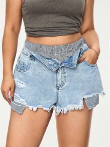 SHEIN EZwear 夏季时尚休闲百搭条纹松紧腰短裤 - 淺色水洗藍 - 查看 8