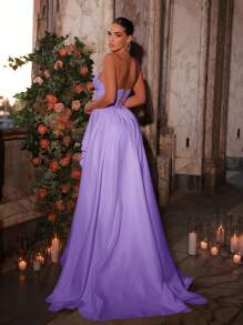 Glamrae Elegantes, luxuriöses Satinkleid mit gerüschtem Volant-Saum, trägerloses Vokuhila-Kleid, geeignet für Hochzeit, Singles-Party, Urlaub, Tanzparty, formelles Abendessen (stark verziert)