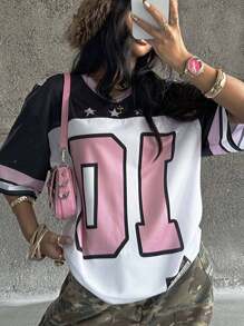 SHEIN 青少年女孩春夏街头潮流情侣同款休闲V领落肩字母印花宽松休闲运动T恤