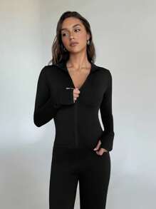 SHEIN EZwear 2 件女式 V 领拉链长袖上衣和修身长裤套装