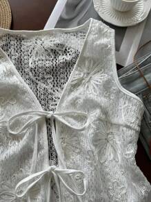 SHEIN LUNE Parte superior de punto de mujer con textura de jacquard floral 3D de unicolor, básica para uso diario y al aire libre, para combinar, para salir, para el aeropuerto, camisetas divertidas, vacaciones en la playa, linda - Blanco - Ver 7