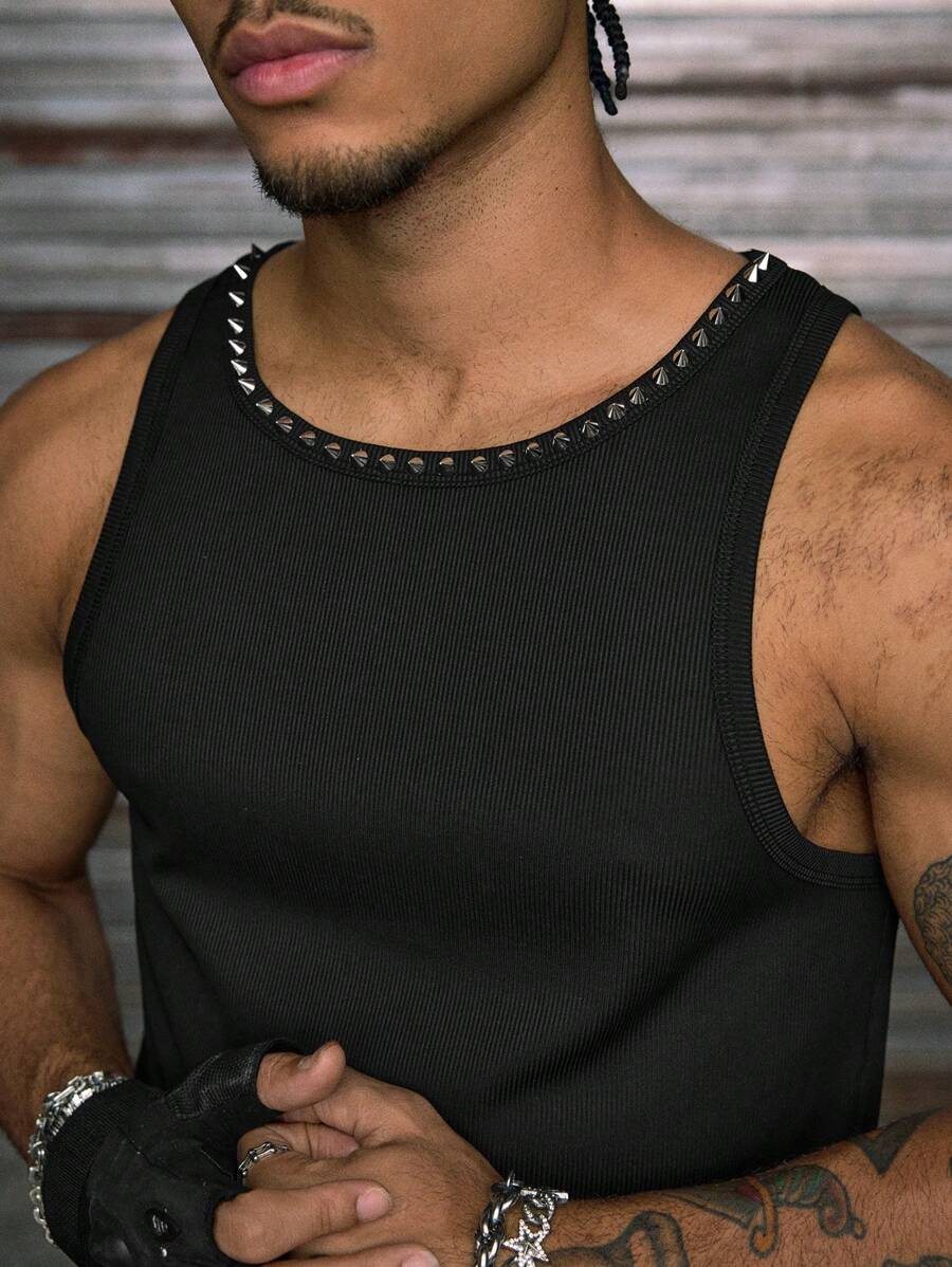 AXEPEAK 男式纯色铆钉装饰罗纹圆领黑色背心