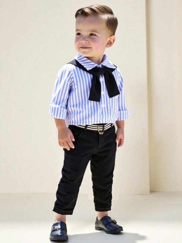 Souflis Souflis Conjunto para Bebê Menino, Camisa Estilosa Listrada Yin Larga + Calça de Terno Preta