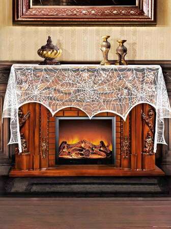 Goth 1 Stück schwarze Spitzen Tischdecke, gotischer Stil Tischdecke, gespenstischer Kamin Tuch für Halloween - gruselige Kamin Abdeckung für Heimdekoration, Geisterfest Dekorationsstoff mit Spinnennetz Muster, Heimdekoration