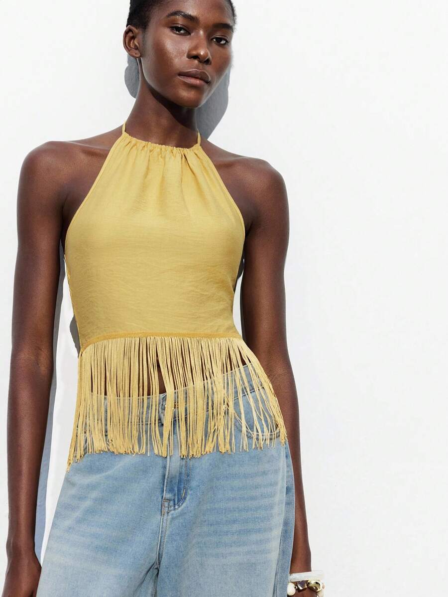 Maija Áo hai dây tua rua hở lưng màu vàng gợi cảm mùa hè cho nữ, áo cánh không tay cổ yếm ôm sát, áo hở vai - Màu vàng - Xem 1