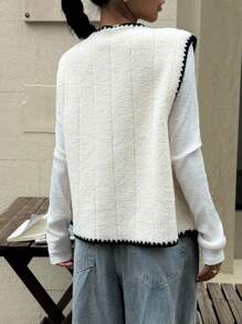 Siren Gaze Veste sans manches femme avec bordure contrastée et poches, veste d'extérieur sans manches avec bordure noire, vintage, rentrée scolaire, automne, hiver