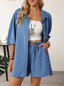 EMERY ROSE Women Casual Drop Shoulder Loose Denim Shirt And Drawstring Waist Denim Shorts Sets, Summer - Blue - View 1
