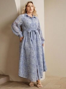 Anewsta 春夏大码优雅刺绣镂空连衣裙 - 藍色 - 查看 6