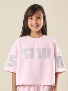 SUMWON 水钻字母印花套装 短款上衣 高腰短裤 休闲夏季休闲套装 - 粉色 - 查看 5