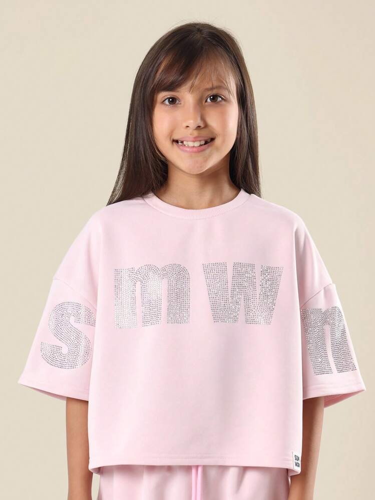 SUMWON 水钻字母印花套装 短款上衣 高腰短裤 休闲夏季休闲套装 - 粉色 - 查看 5