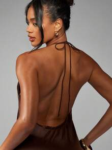 MISSGUIDED Gaun Mini Satin Leher Halter Tanpa Punggung untuk Pesta Malam, Klub, Tanpa Lengan, Musim Panas, Acara Malam, Tamu Pernikahan, Gaun Pendek Model A-Line - Coklat - View 6