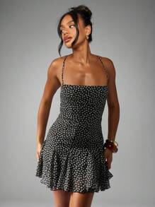 MISSGUIDED Flirty Floral Mini Dress Chiffon Empire Waist Cami Strap Summer Wedding Guest Fit And Flare Ruffle Hem - Black and White - View 3