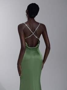 Elitara 优雅绿色缎面迷人珍珠吊带垂坠领美人鱼露背性感连衣裙，适合约会、度假、生日派对、舞会、婚礼、舞会、伴娘 - 綠色 - 查看 4