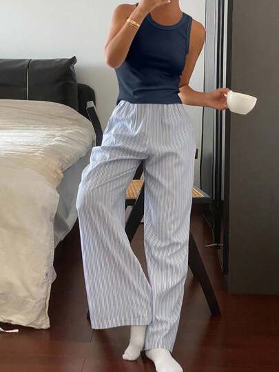 DAZY 2 件套女士休闲纯色吊带背心和条纹图案宽松睡裤套装，舒适睡衣