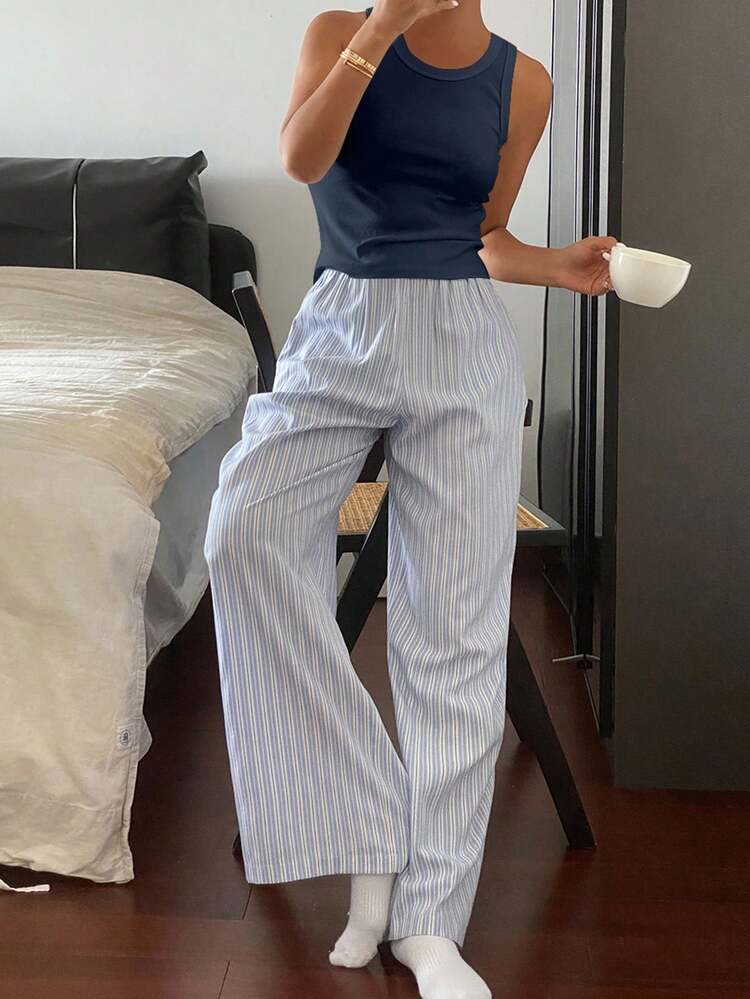 2pcs Women Casual Solid Color Camisole Top And Stripe Pattern Loose Pajama Pants Set, Comfortable Sleepwear