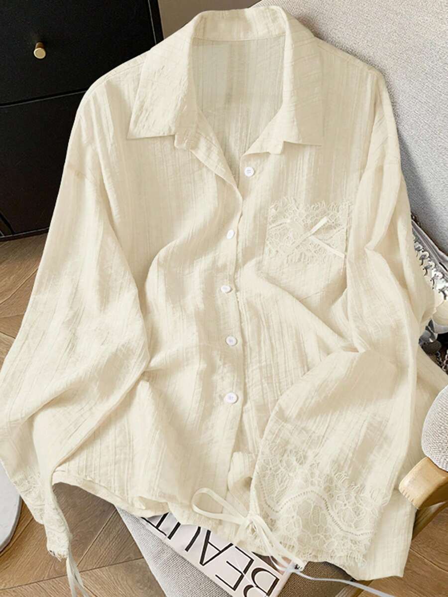 SHEIN Clasi 女士优雅撞色蕾丝长袖单排扣衬衫 - 黃色 - 查看 1