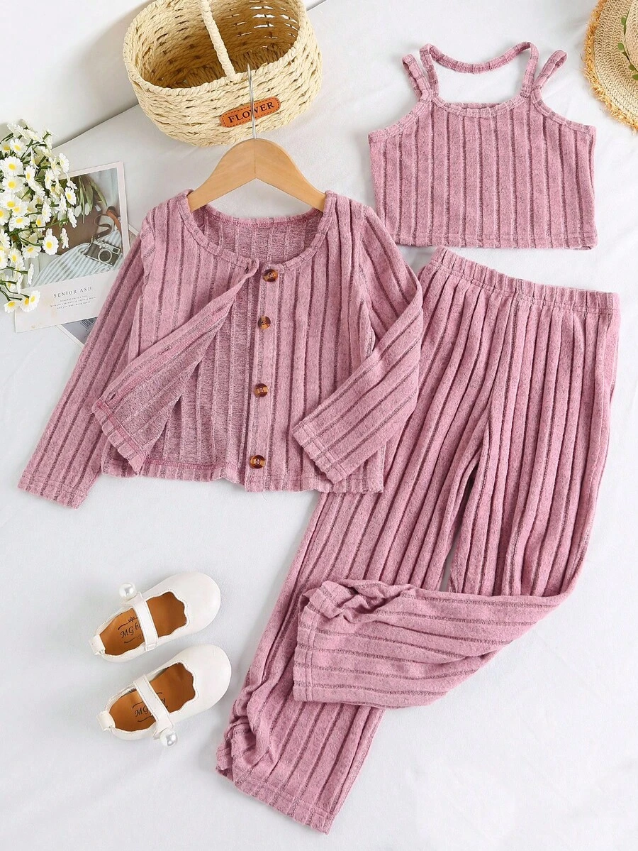 3pcs/Set Girls Casual Minimal Daily Open Front Round Neck Long Sleeve Short Jacket, Sleeveless Top And Straight Leg Rib Knit Pants, Autumn/Spring